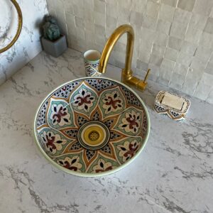 Handmade Moroccan Ceramic Sink – Custom Round Bathroom Basin – Painted Vessel Sink with Organic Design from Fez