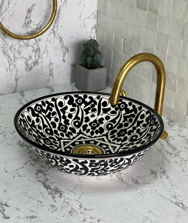 Painted Moroccan Ceramic Vessel Sink – Handmade Round Basin for Bathroom – Made in Fez