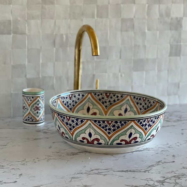 Handmade Moroccan Ceramic Sink – Custom Round Bathroom Basin – Painted Vessel Sink with Organic Design from Fez - Image 3