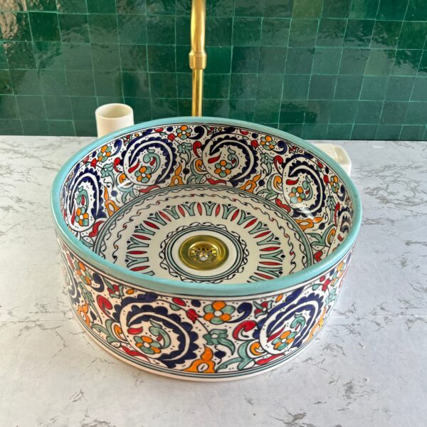 Painted Moroccan Bathroom Sink – Handmade Ceramic Basin – Boho Chic Round Vessel from Fez - Image 2