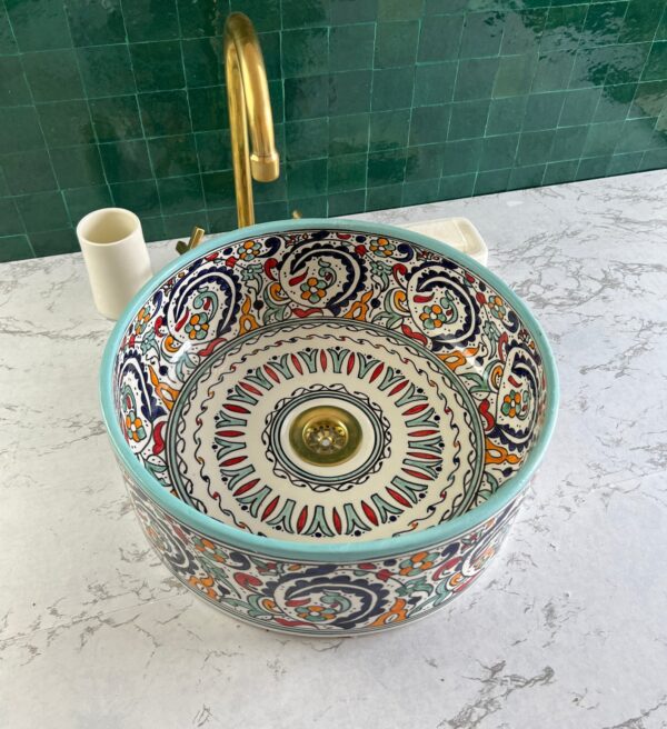 Painted Moroccan Bathroom Sink – Handmade Ceramic Basin – Boho Chic Round Vessel from Fez - Image 6