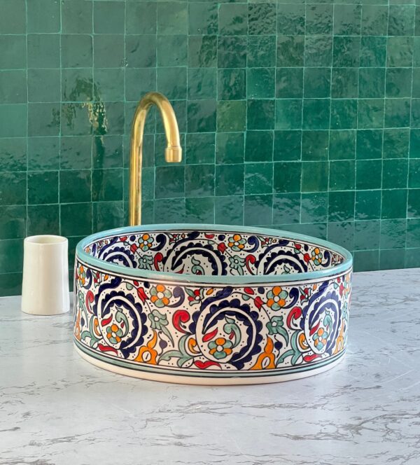 Painted Moroccan Bathroom Sink – Handmade Ceramic Basin – Boho Chic Round Vessel from Fez