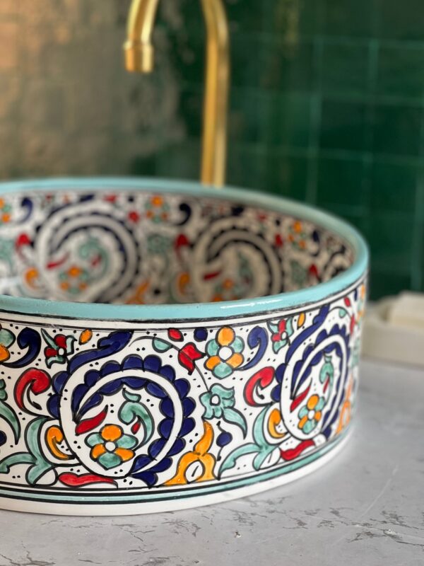 Painted Moroccan Bathroom Sink – Handmade Ceramic Basin – Boho Chic Round Vessel from Fez - Image 8