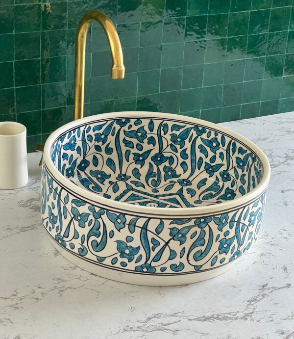 Fez-Made Moroccan Sink – Unique Ceramic Round Vessel – Artisan Bathroom Feature Piece - Image 3