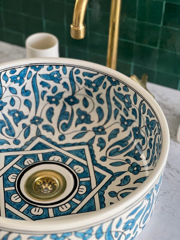 Fez-Made Moroccan Sink – Unique Ceramic Round Vessel – Artisan Bathroom Feature Piece - Image 4