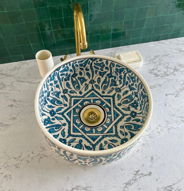 Fez-Made Moroccan Sink – Unique Ceramic Round Vessel – Artisan Bathroom Feature Piece - Image 8
