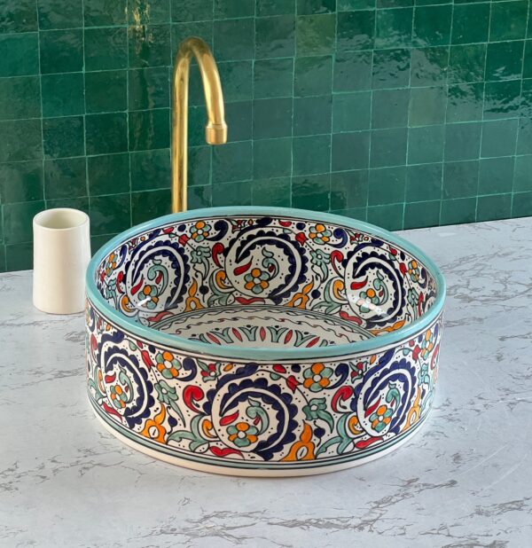Painted Moroccan Bathroom Sink – Handmade Ceramic Basin – Boho Chic Round Vessel from Fez - Image 7