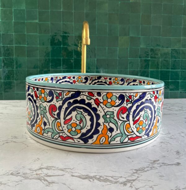 Painted Moroccan Bathroom Sink – Handmade Ceramic Basin – Boho Chic Round Vessel from Fez - Image 3