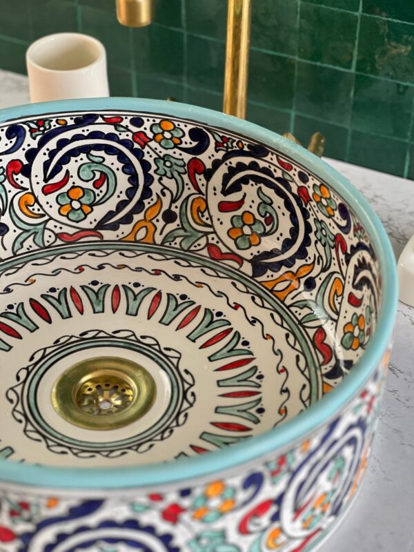 Painted Moroccan Bathroom Sink – Handmade Ceramic Basin – Boho Chic Round Vessel from Fez - Image 5