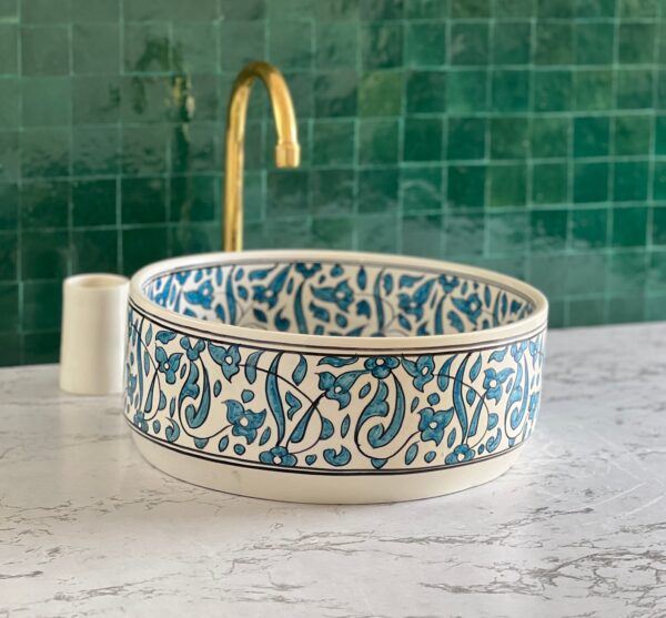 Fez-Made Moroccan Sink – Unique Ceramic Round Vessel – Artisan Bathroom Feature Piece