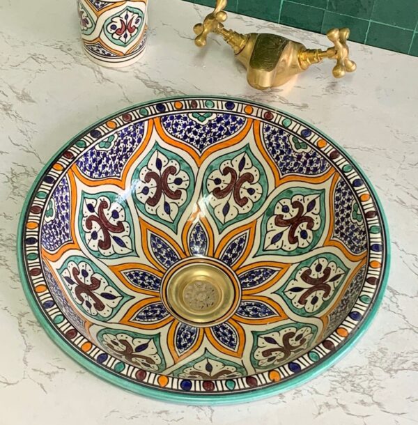 Moroccan Handmade Sink – Round Ceramic Vessel with Boho Design – Custom Bathroom Basin