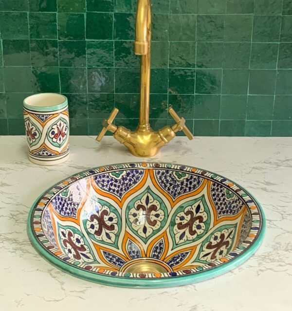 Moroccan Handmade Sink – Round Ceramic Vessel with Boho Design – Custom Bathroom Basin - Image 7