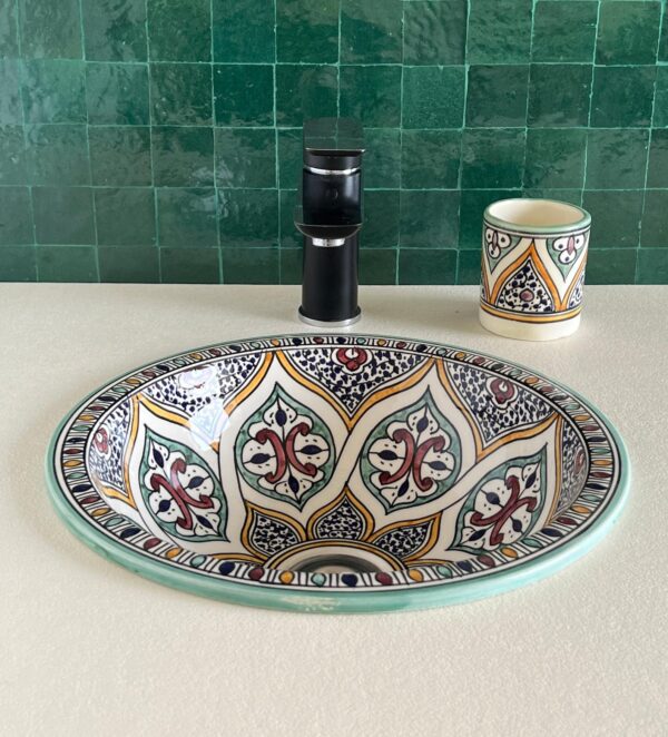 Moroccan Handmade Sink – Round Ceramic Vessel with Boho Design – Custom Bathroom Basin - Image 3