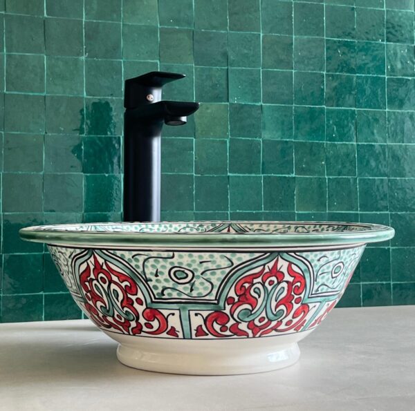 Fez Ceramic Sink – Handmade Moroccan Round Basin – Boho Bathroom Vessel Design - Image 3