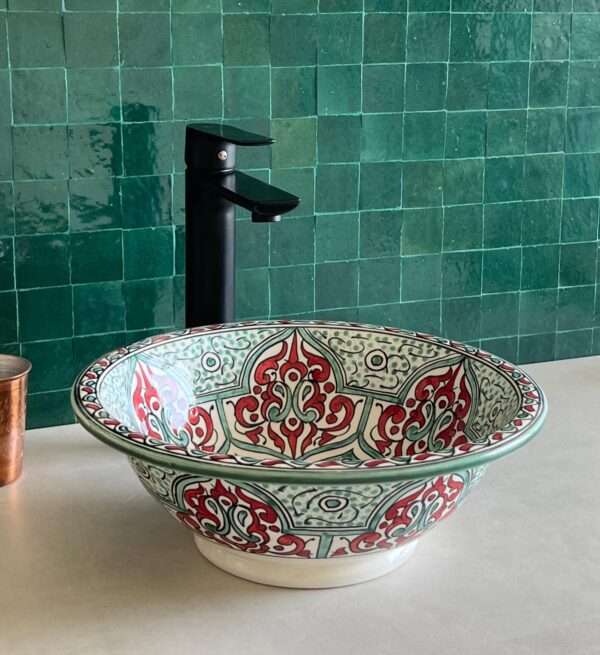 Fez Ceramic Sink – Handmade Moroccan Round Basin – Boho Bathroom Vessel Design