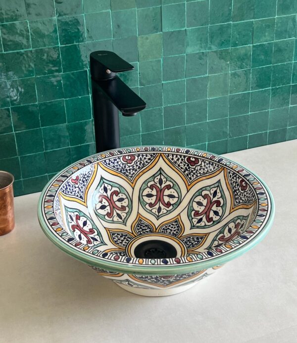 Moroccan Handmade Sink – Round Ceramic Vessel with Boho Design – Custom Bathroom Basin - Image 5