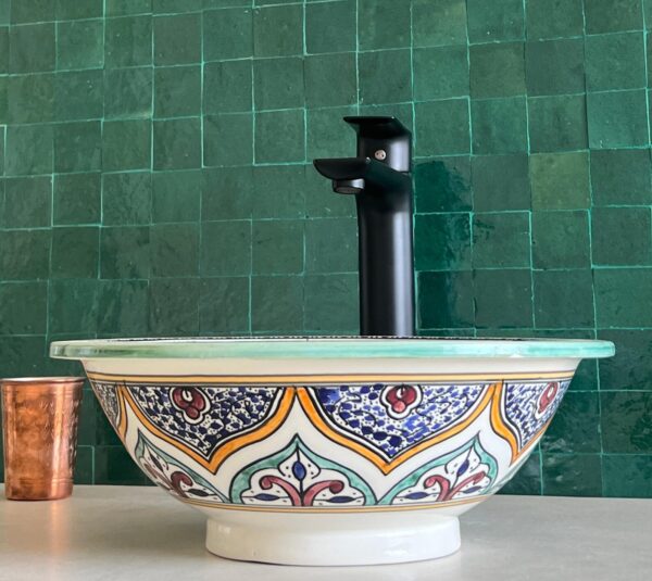 Moroccan Handmade Sink – Round Ceramic Vessel with Boho Design – Custom Bathroom Basin - Image 4