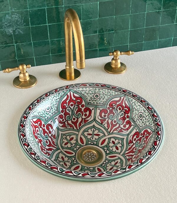 Fez Ceramic Sink – Handmade Moroccan Round Basin – Boho Bathroom Vessel Design - Image 4