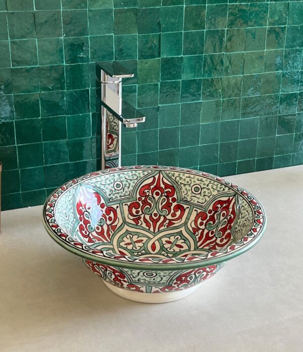 Fez Ceramic Sink – Handmade Moroccan Round Basin – Boho Bathroom Vessel Design - Image 2