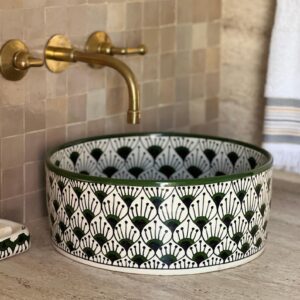 Moroccan Bathroom Feature – Handmade Ceramic Round Sink – Unique Painted Vessel from Fez