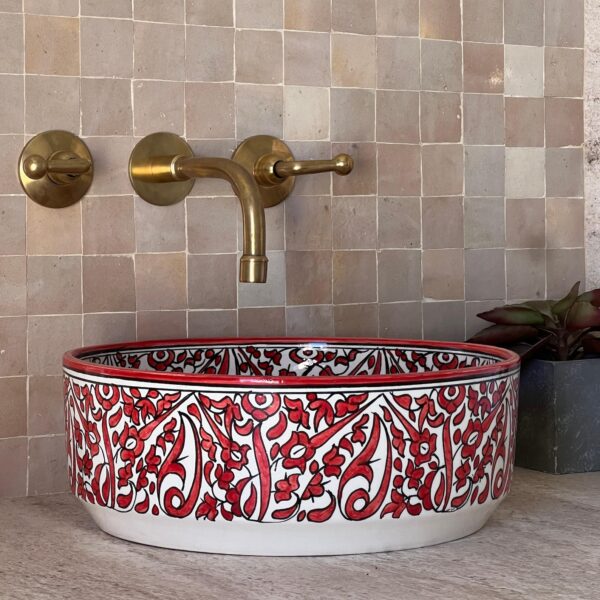 Unique Moroccan Bathroom Sink – Custom Hand-Painted Ceramic Basin – Red Organic Design Round Vessel - Image 2
