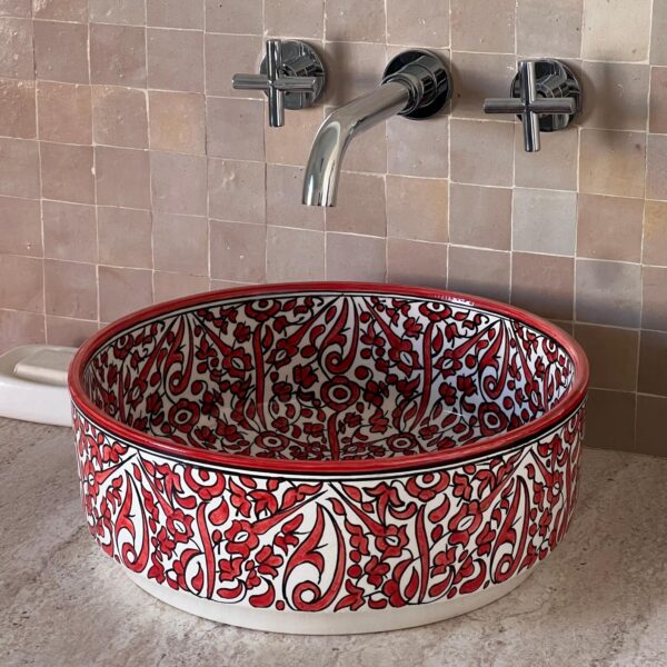 Unique Moroccan Bathroom Sink – Custom Hand-Painted Ceramic Basin – Red Organic Design Round Vessel - Image 3
