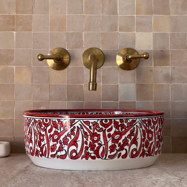 Unique Moroccan Bathroom Sink – Custom Hand-Painted Ceramic Basin – Red Organic Design Round Vessel - Image 6