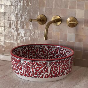 Unique Moroccan Bathroom Sink – Custom Hand-Painted Ceramic Basin – Red Organic Design Round Vessel