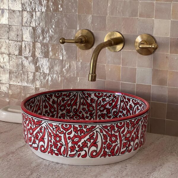 Unique Moroccan Bathroom Sink – Custom Hand-Painted Ceramic Basin – Red Organic Design Round Vessel