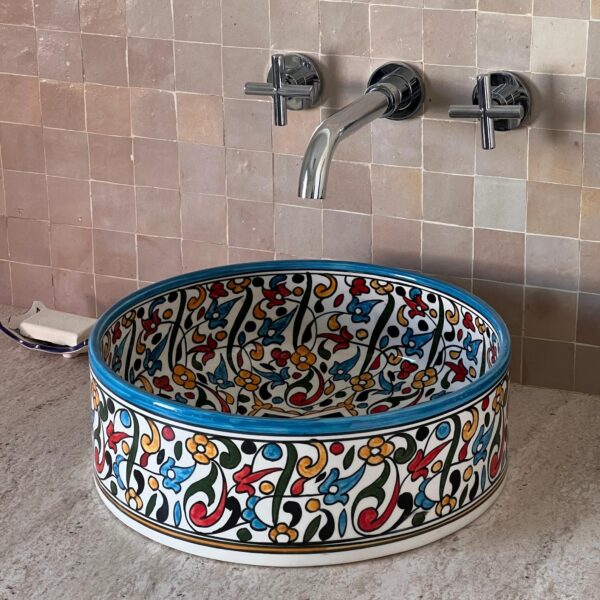 Moroccan Artisan Sink – Custom Round Ceramic Basin – Hand-Painted Boho Bathroom Decor - Image 4