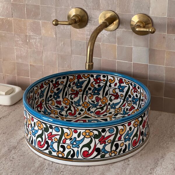 Moroccan Artisan Sink – Custom Round Ceramic Basin – Hand-Painted Boho Bathroom Decor