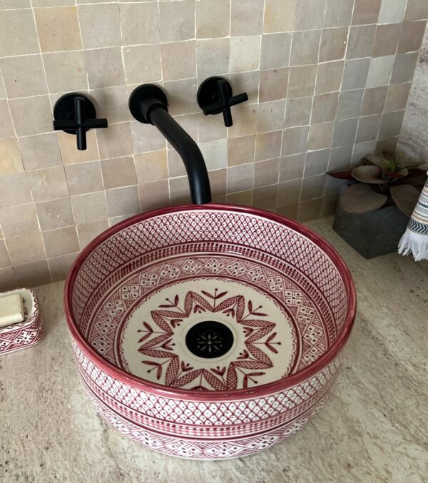 Pink sink - Handmade Bathroom Vanity Sink – Moroccan Round Ceramic Vessel – Bohemian Design from Fez - Image 6