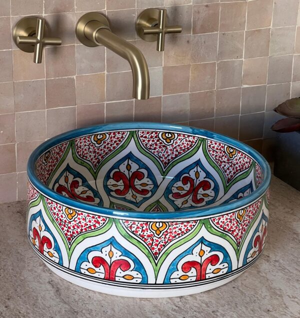 Moroccan Sink – Artisan Ceramic Round Vessel – Handmade Bathroom Statement Piece