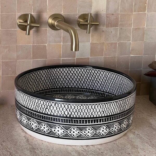Luxury Handmade Bathroom Sink – Moroccan Round Ceramic Basin – Painted Artisan Vessel