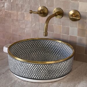 Custom Moroccan Ceramic Vessel Sink – Trendy Boho Bathroom Decor – Hand-Painted Round Basin