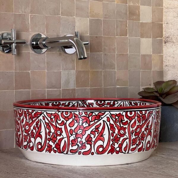 Unique Moroccan Bathroom Sink – Custom Hand-Painted Ceramic Basin – Red Organic Design Round Vessel - Image 4
