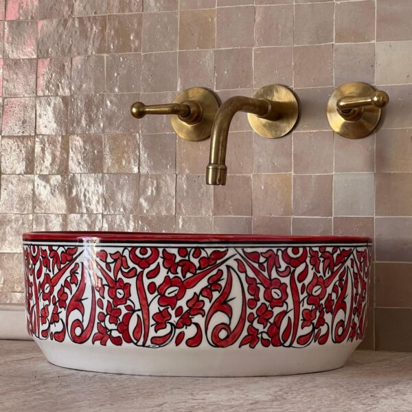 Unique Moroccan Bathroom Sink – Custom Hand-Painted Ceramic Basin – Red Organic Design Round Vessel - Image 5