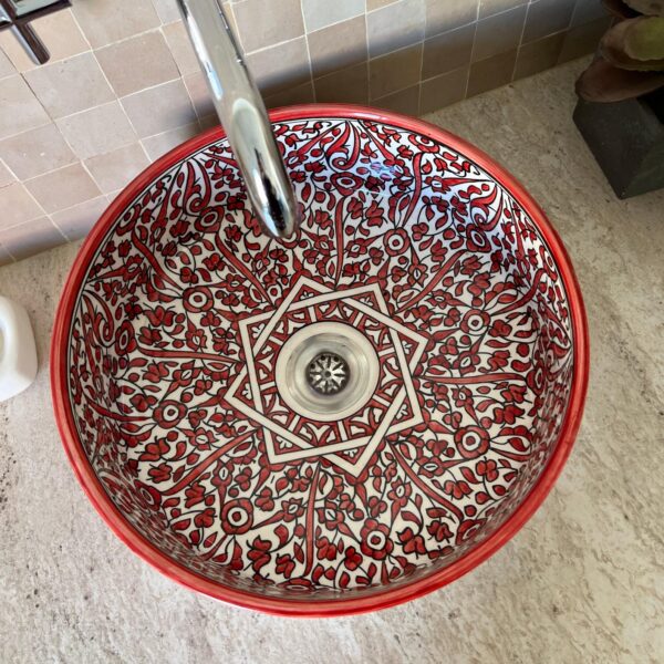 Unique Moroccan Bathroom Sink – Custom Hand-Painted Ceramic Basin – Red Organic Design Round Vessel - Image 8