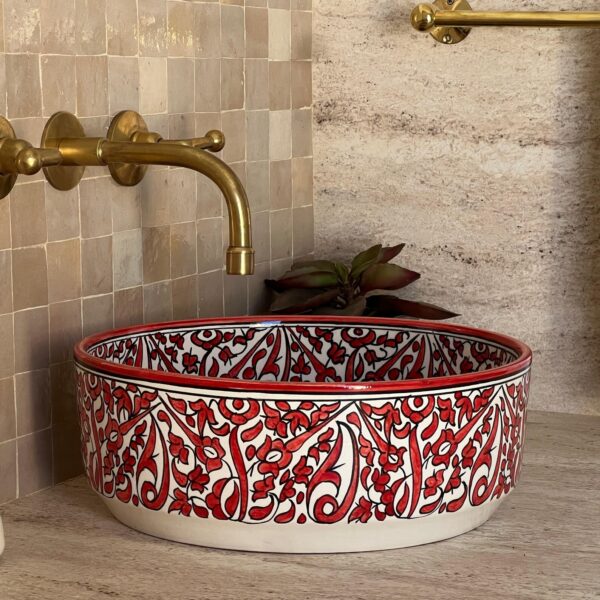 Unique Moroccan Bathroom Sink – Custom Hand-Painted Ceramic Basin – Red Organic Design Round Vessel - Image 7