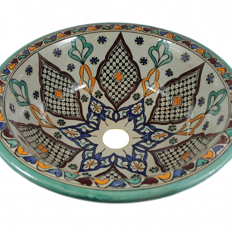 Fez Ceramic Sink – Handmade Moroccan Round Basin – Boho Bathroom Vessel Design - Image 2