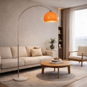 Orange arc floor lamp with acrylic dome shade and marble base