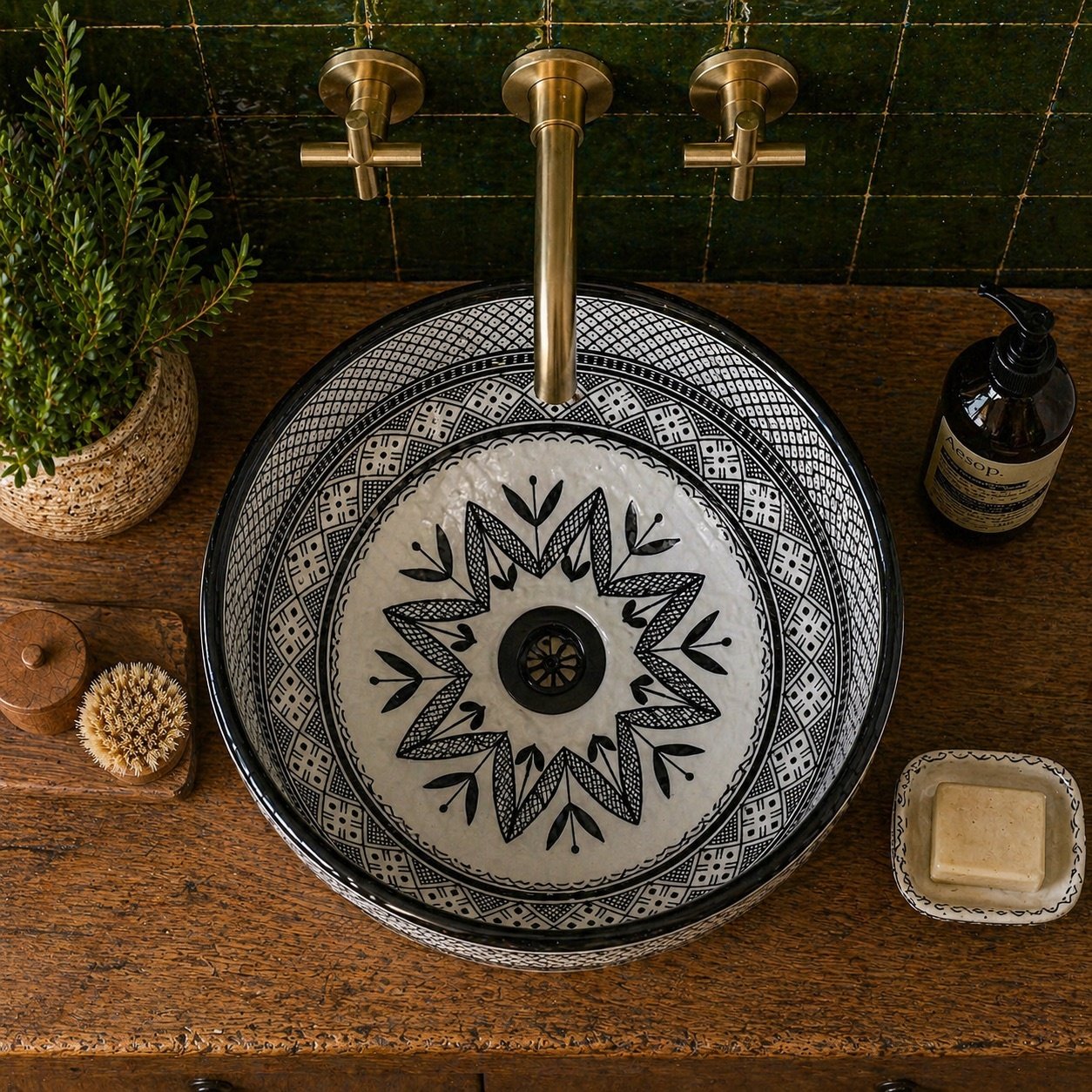 Handmade Moroccan Ceramic Vessel Sink - Black & White Bathroom Bowl Sink - Image 2