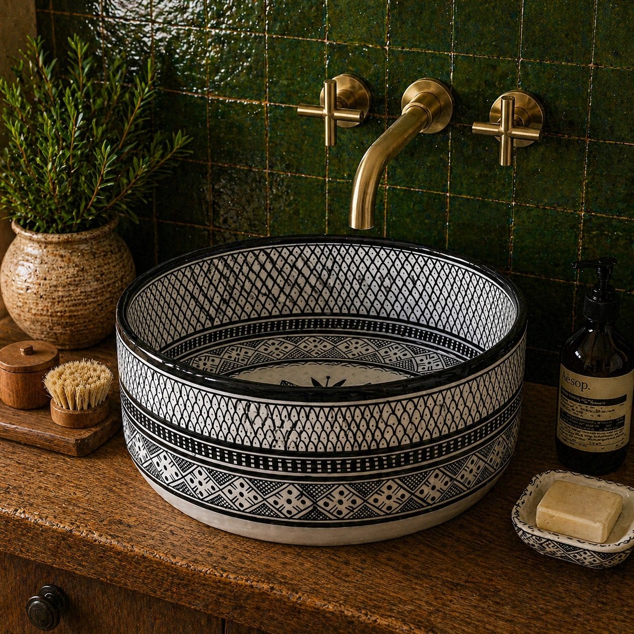 Handmade Moroccan ceramic vessel sink in black and white top view