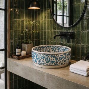 Blue ceramic vessel sink for luxury bathroom vanity