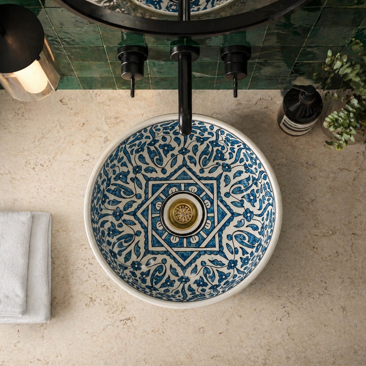 Handmade ceramic vessel sink with blue floral pattern