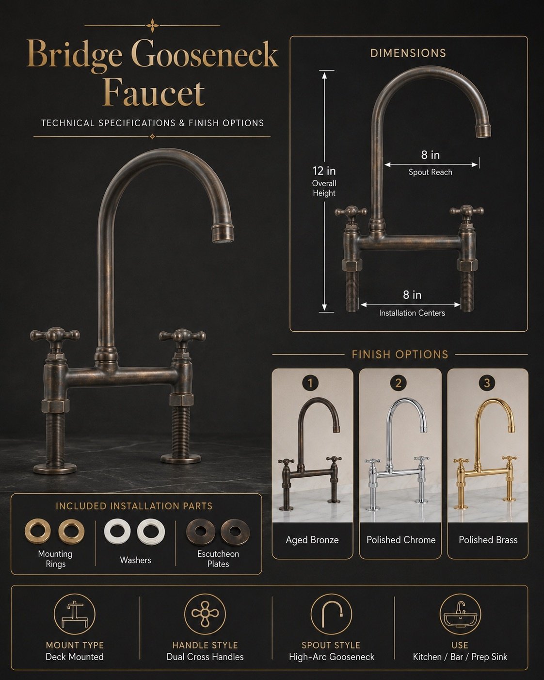 Bridge Gooseneck Brass Faucet for Kitchen – 8-Inch Centers - Image 7