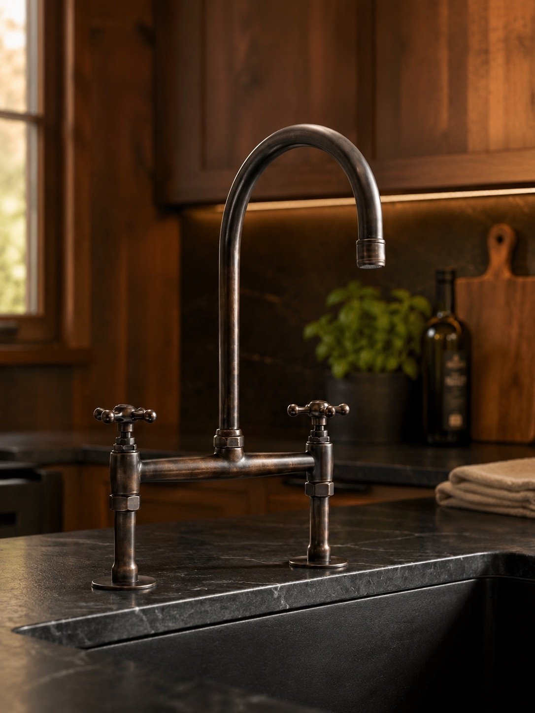 Front view of bridge brass kitchen faucet with dual handles
