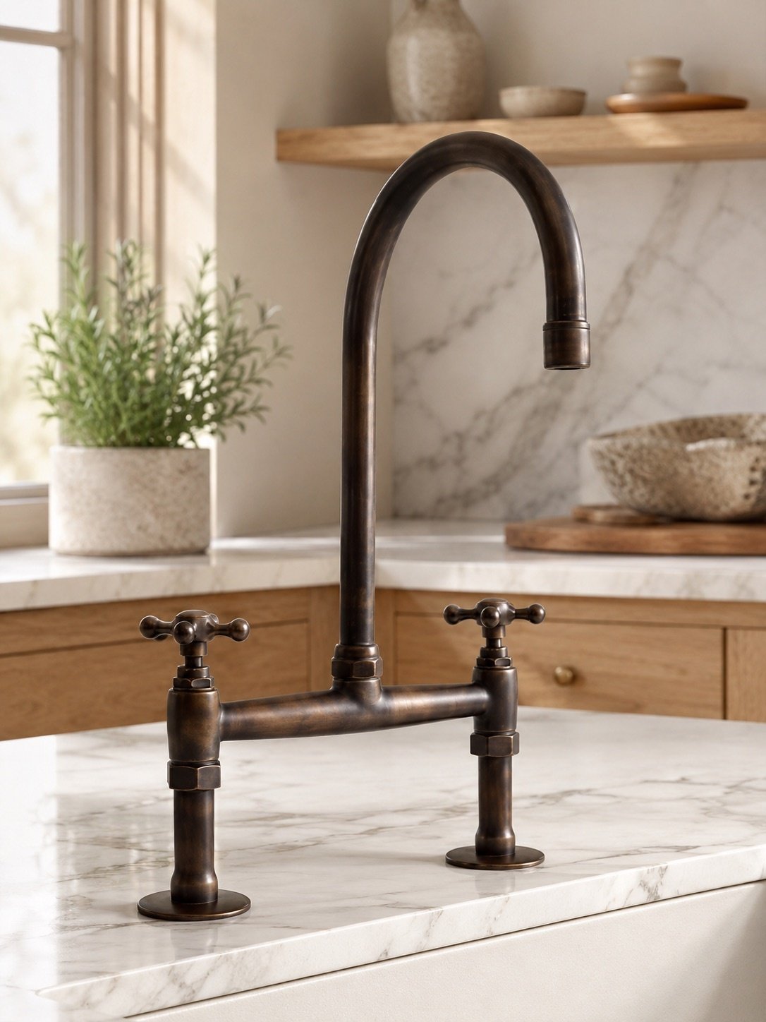 Aged bronze bridge kitchen faucet with high-arc spout