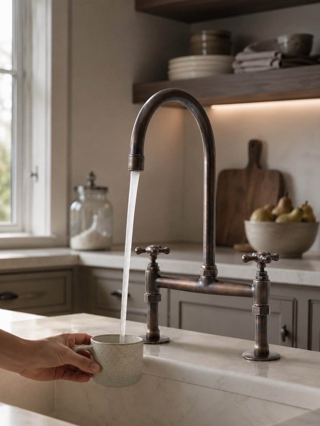 Side view of brass gooseneck faucet for kitchen and bar sinks