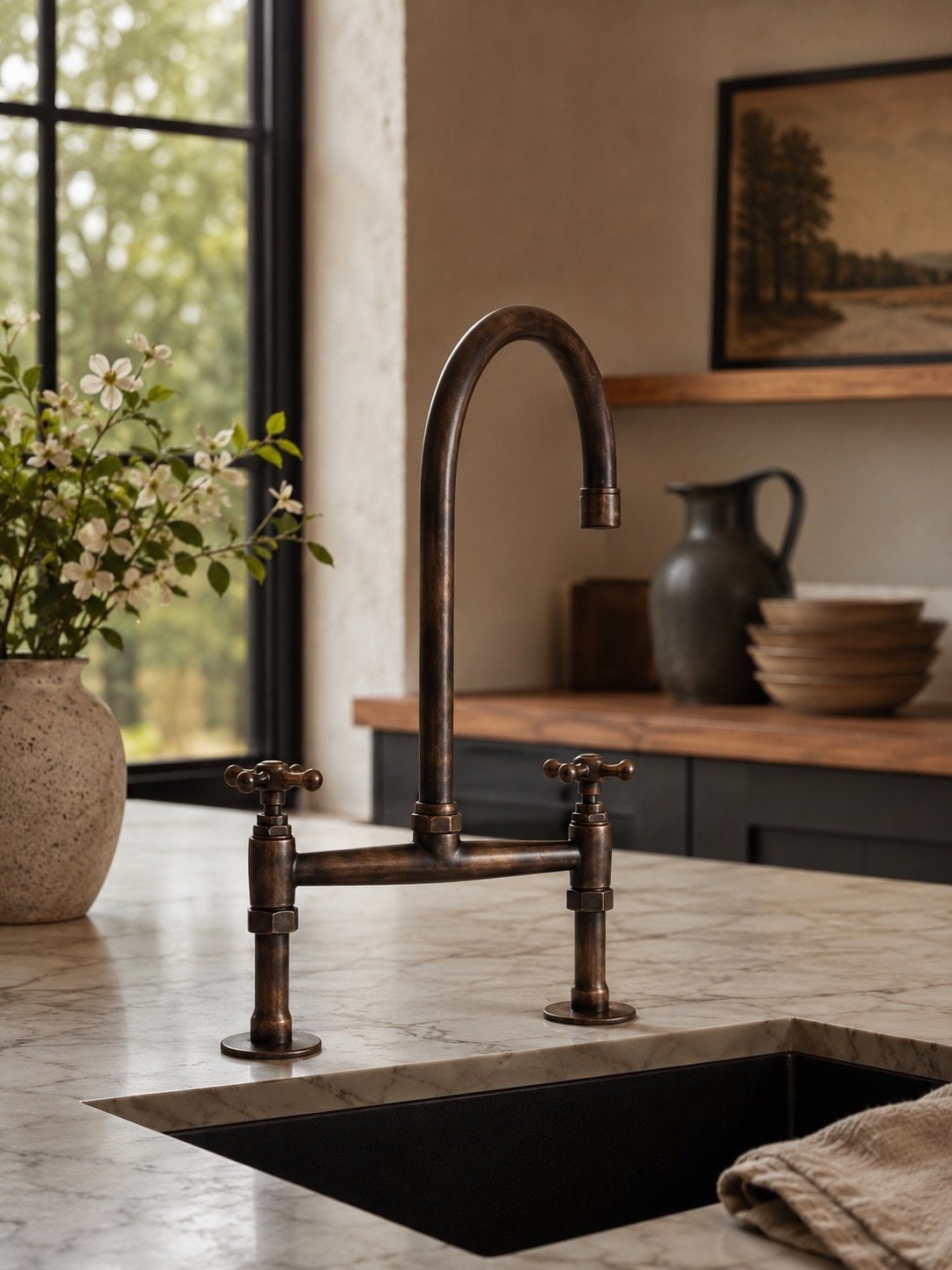 Polished brass faucet for kitchen with two separate handles